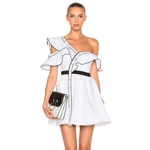 Self-Portrait Dresses & Skirts - Self-Portrait White Ruffled Poplin One Shoulder Dress